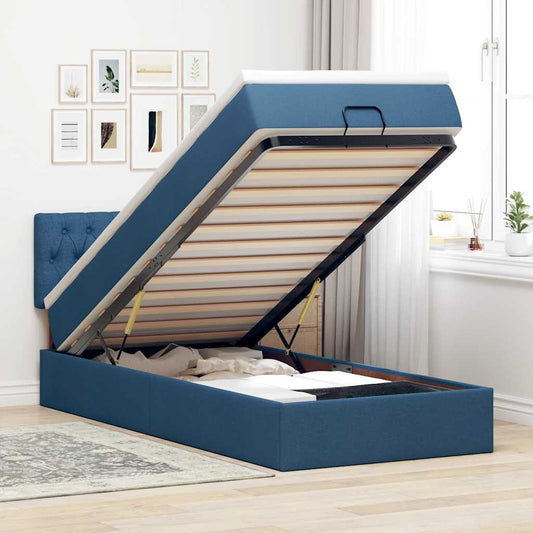 Struttura Letto Pouf con Materasso Blu 90x190 cm in Tessuto