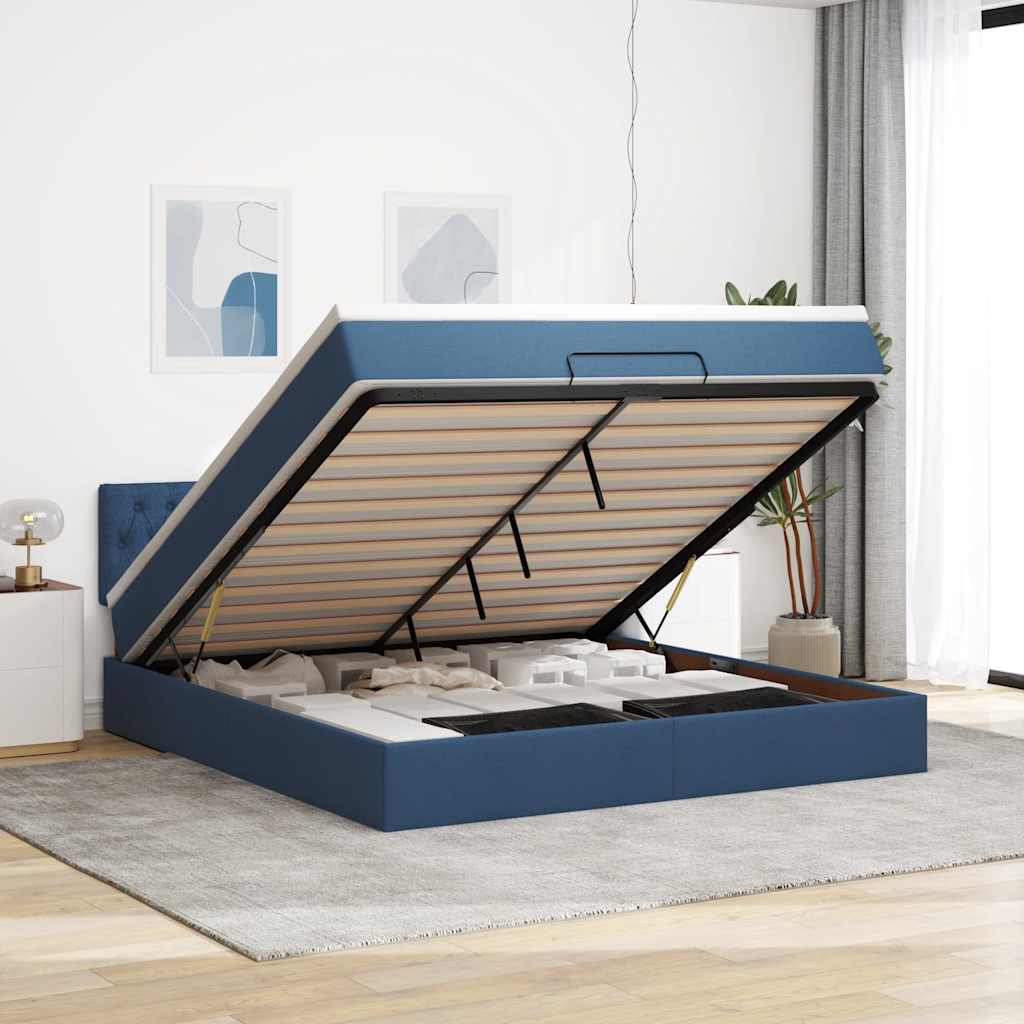 Struttura Letto Pouf con Materasso Blu 160x200 cm in Tessuto | homemem39