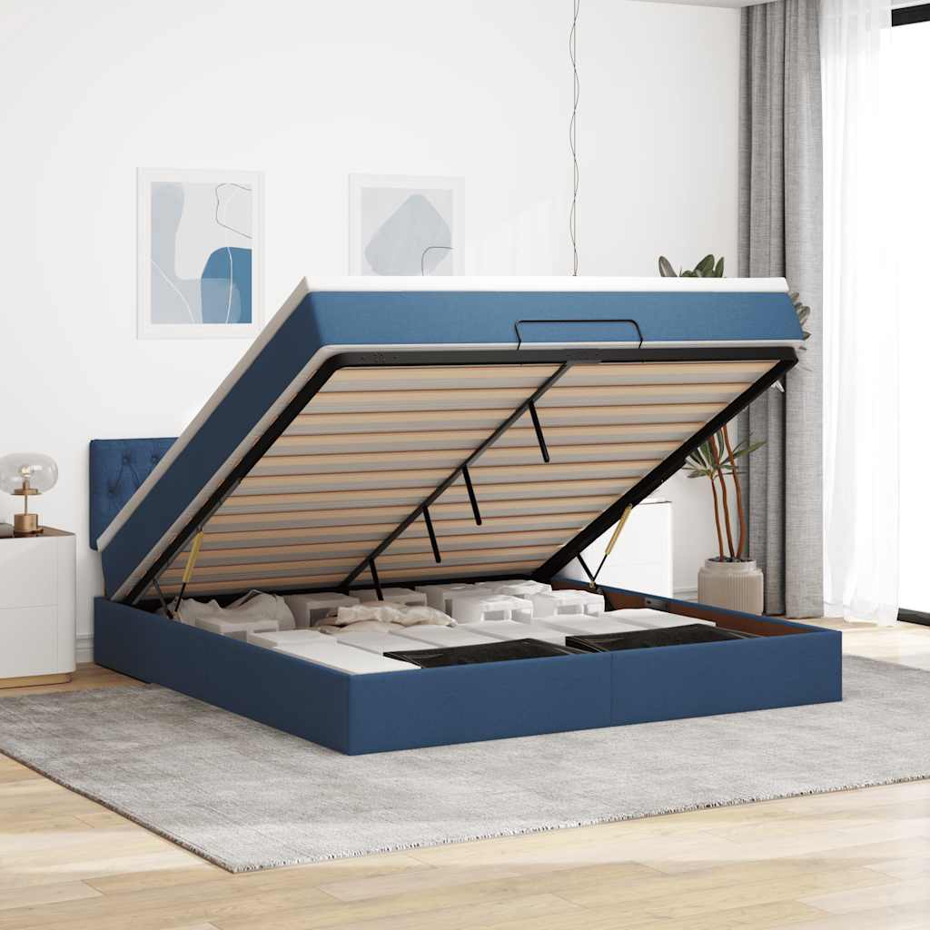 Pouf Letto con Materasso e LED Blu 180x200cm in Tessuto