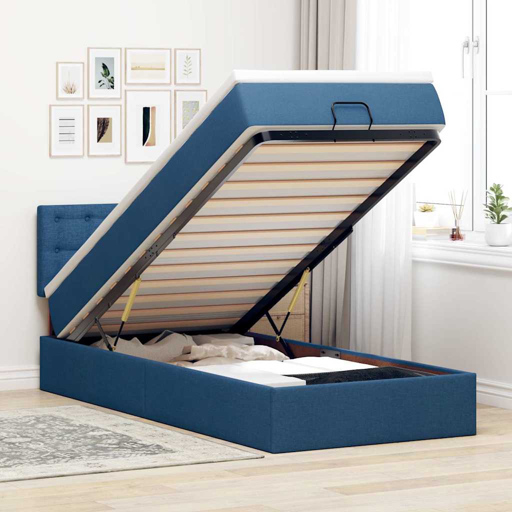 Struttura Letto Pouf con Materasso Blu 90x190 cm in Tessuto