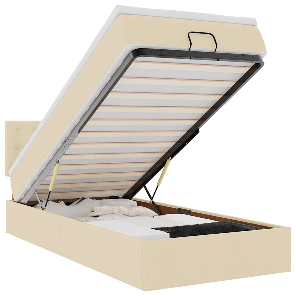 Pouf Letto con Materasso e LED Crema 90x200 cm in Tessuto