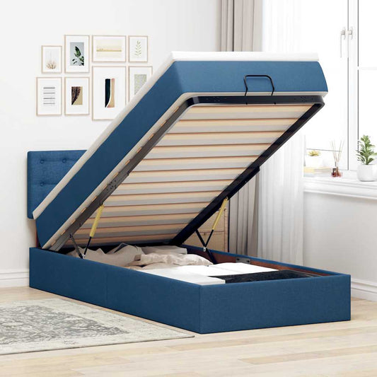 Pouf Letto con Materasso e LED Blu 100x200 cm in Tessuto