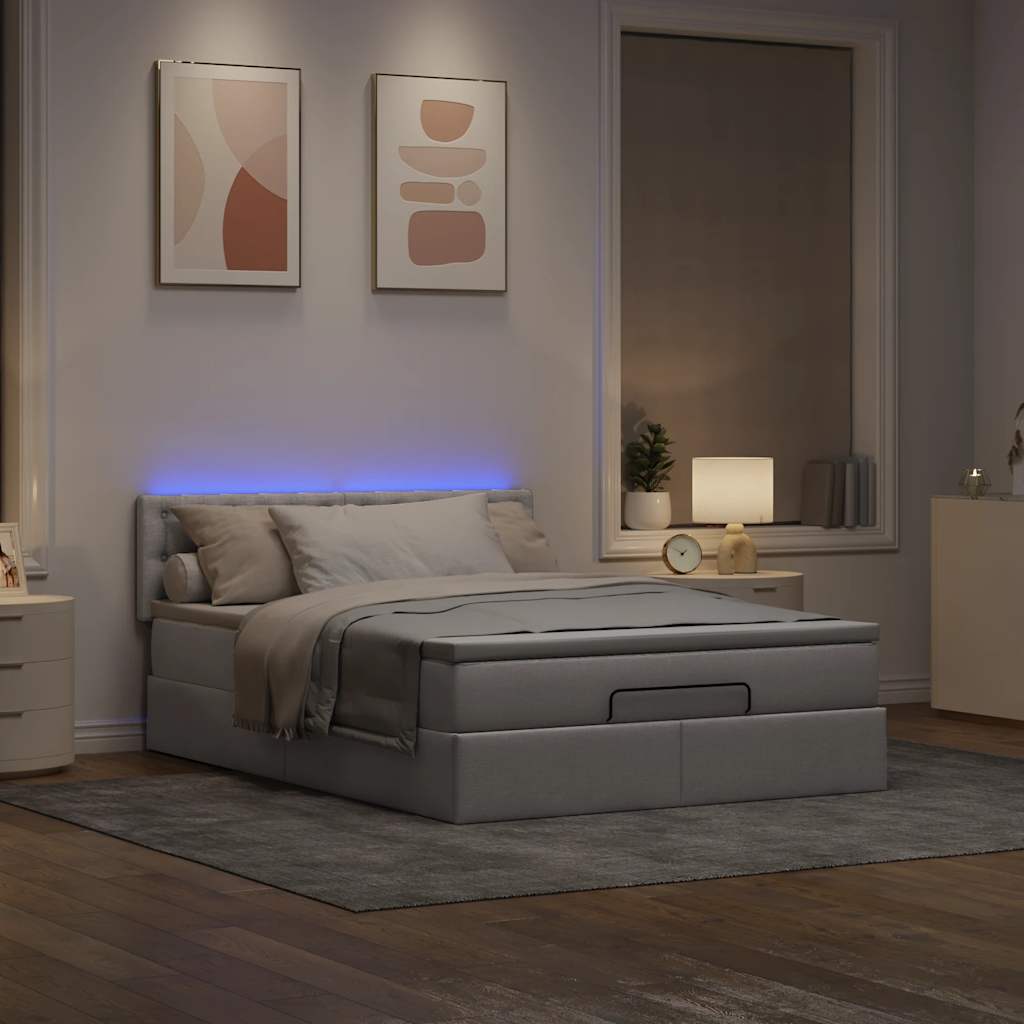 Pouf Letto con Materasso e LED Tortora 140x190 cm in Tessuto