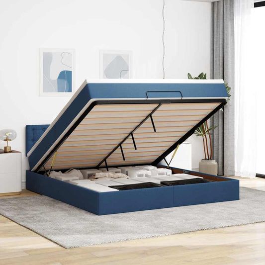 Pouf Letto con Materasso e LED Blu 180x200cm in Tessuto