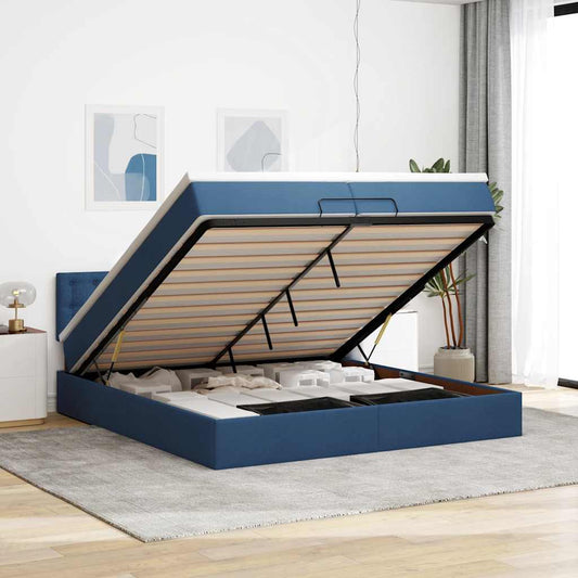 Struttura Letto Pouf con Materassi Blu 200x200 cm in Tessuto