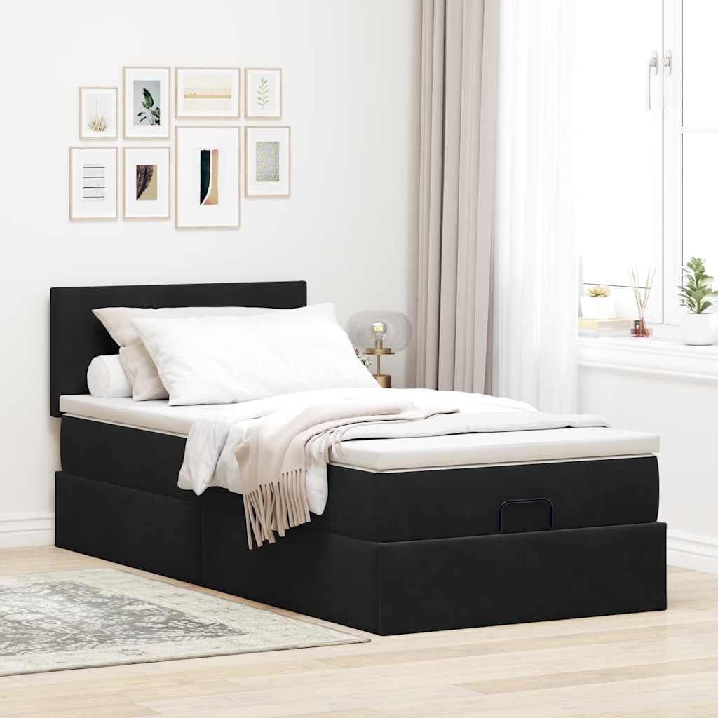 Struttura Letto Pouf con Materasso Nero 90x200 cm in Velluto
