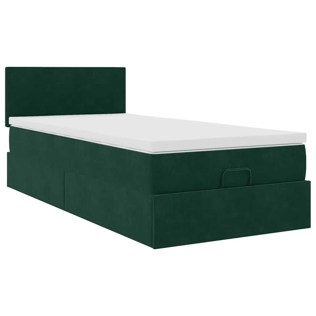 Pouf Letto con Materasso e LED Verde Scuro 90x200cm in Velluto
