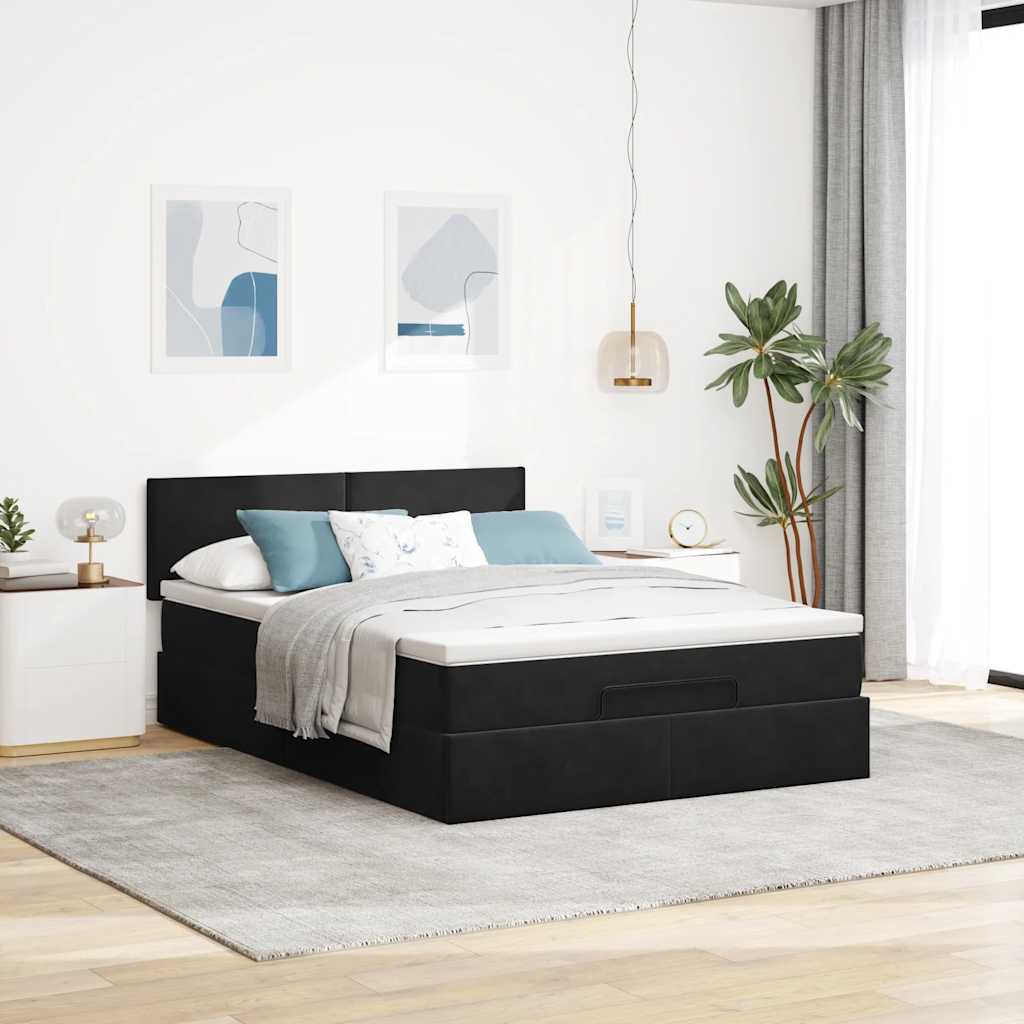 Struttura Letto Pouf con Materasso Nero 140x200 cm in Velluto