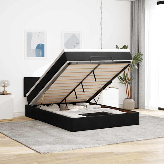 Struttura Letto Pouf con Materasso Nero 140x200 cm in Velluto