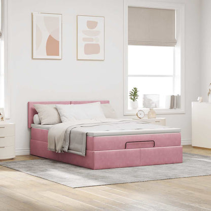 Struttura Letto Pouf con Materasso Rosa 140x200 cm in Velluto