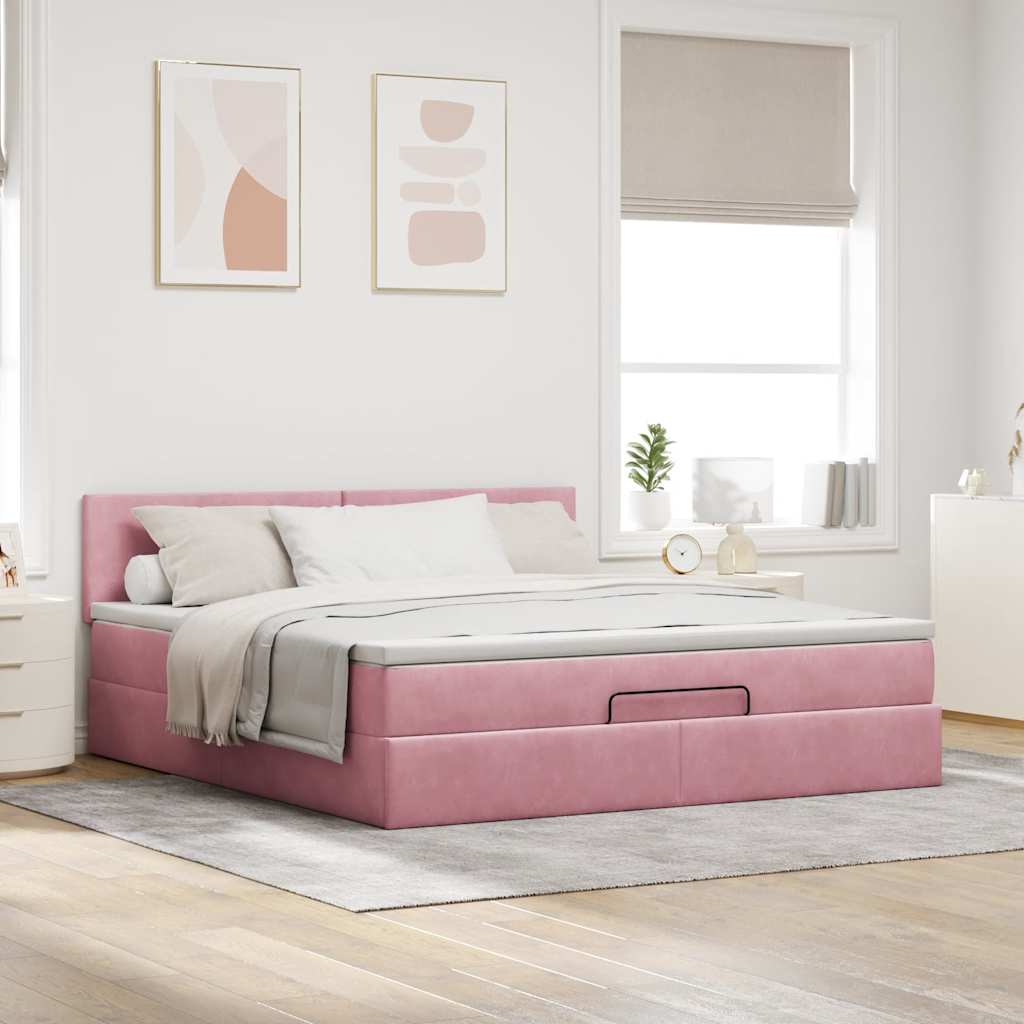 Struttura Letto Pouf con Materasso Rosa 160x200 cm in Velluto