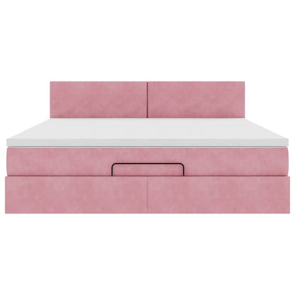 Struttura Letto Pouf con Materasso Rosa 160x200 cm in Velluto