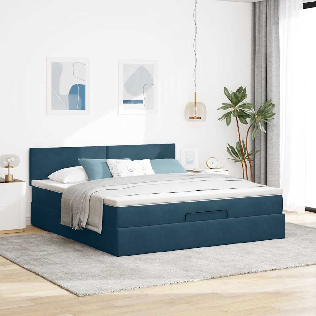 Pouf Letto con Materassi e LED Blu Scuro 200x200cm Velluto