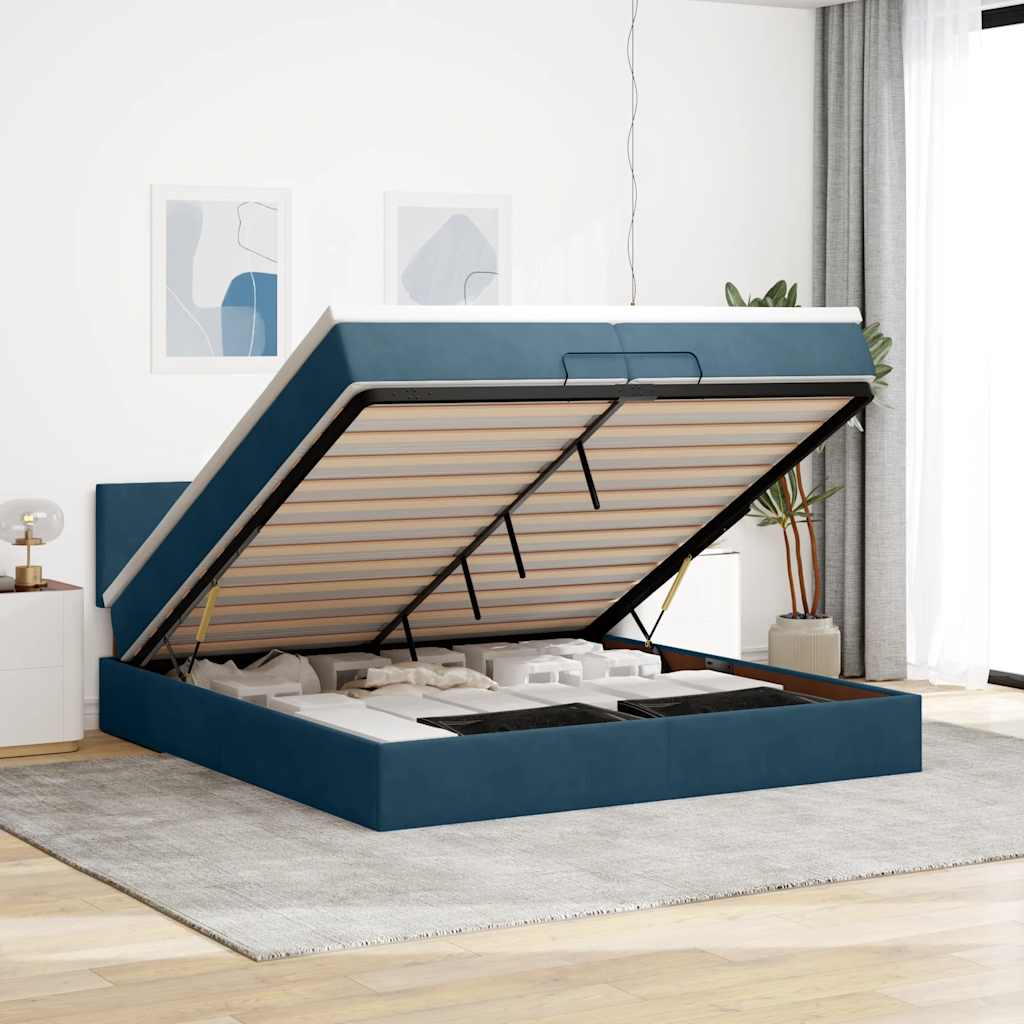 Pouf Letto con Materassi e LED Blu Scuro 200x200cm Velluto