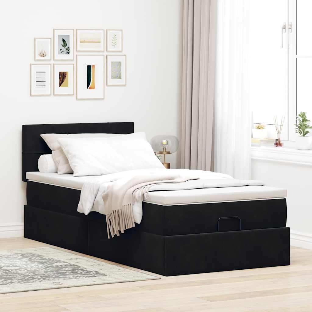 Struttura Letto Pouf con Materasso Nero 90x200 cm in Velluto