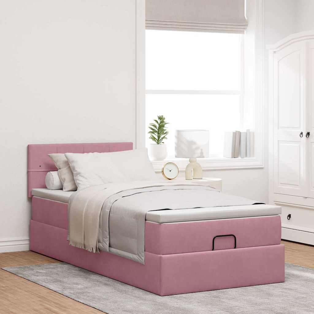 Struttura Letto Pouf con Materasso Rosa 90x200 cm in Velluto