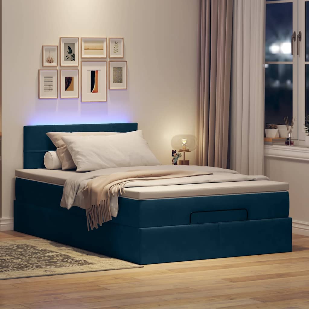 Pouf Letto con Materasso e LED Blu Scuro 120x190cm in Velluto