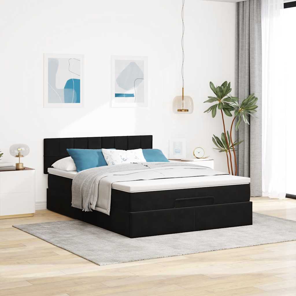 Struttura Letto Pouf con Materasso Nero 140x200 cm in Velluto