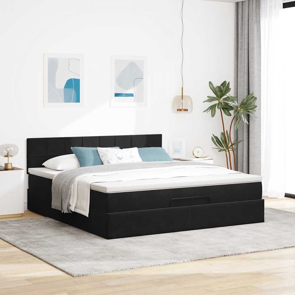 Struttura Letto Pouf con Materasso Nero 160x200 cm in Velluto
