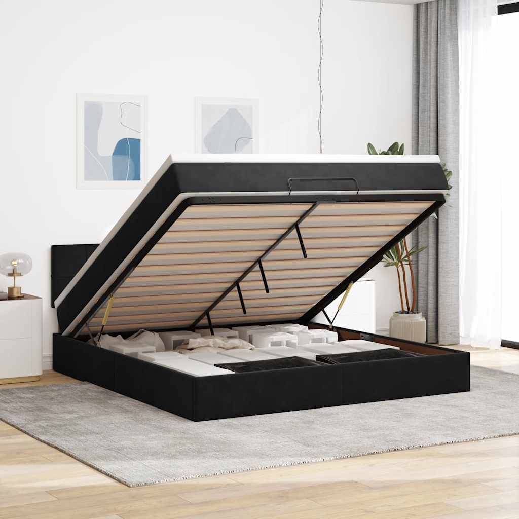 Struttura Letto Pouf con Materasso Nero 160x200 cm in Velluto