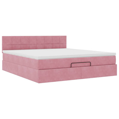 Struttura Letto Pouf con Materasso Rosa 160x200 cm in Velluto