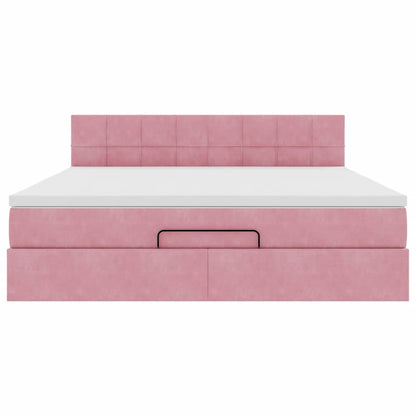 Struttura Letto Pouf con Materasso Rosa 160x200 cm in Velluto