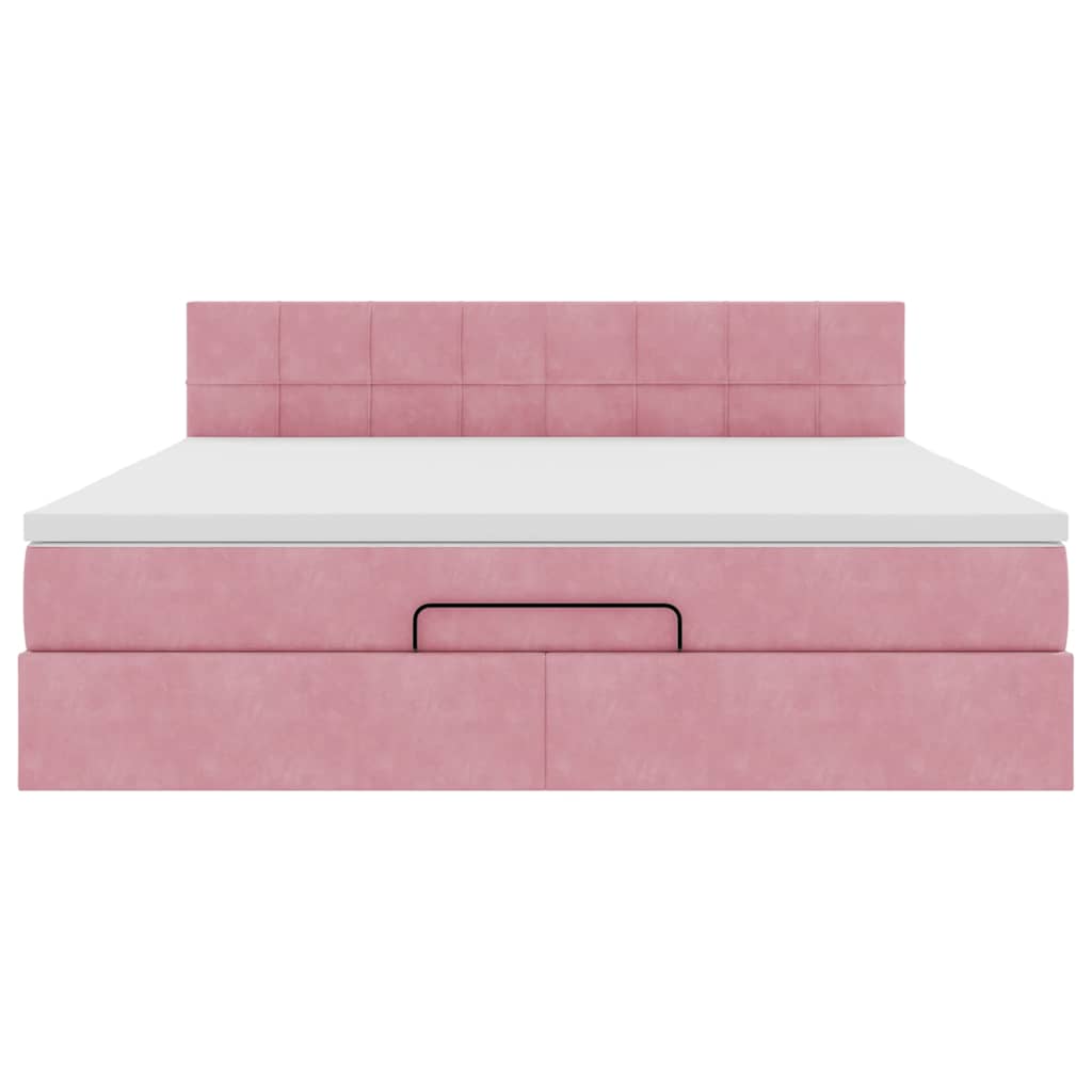 Struttura Letto Pouf con Materasso Rosa 160x200 cm in Velluto