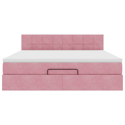 Struttura Letto Pouf con Materasso Rosa 160x200 cm in Velluto