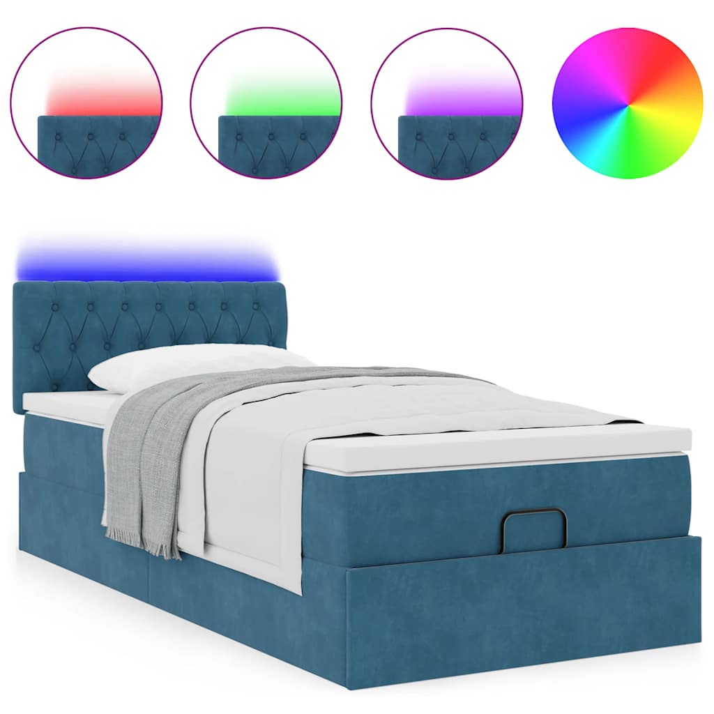 Pouf Letto con Materasso e LED Blu Scuro 80x200cm in Velluto