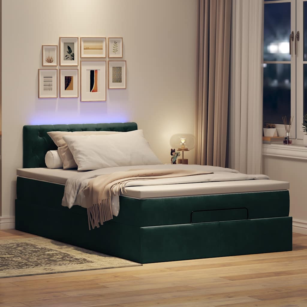 Pouf Letto con Materasso e LED Verde Scuro 120x190cm in Velluto | homemem39