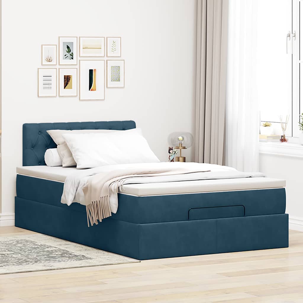 Struttura Letto Pouf con Materasso Blu Scuro 120x200 cm Velluto