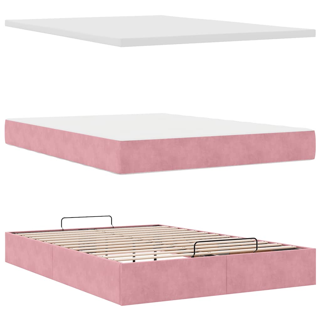 Struttura Letto Pouf con Materasso Rosa 140x190 cm in Velluto | homemem39