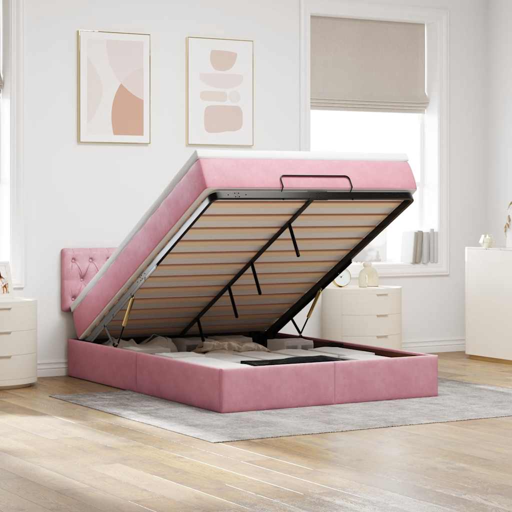 Struttura Letto Pouf con Materasso Rosa 140x190 cm in Velluto | homemem39