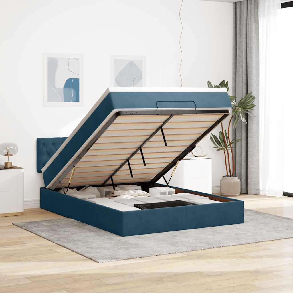 Struttura Letto Pouf con Materasso Blu 140x200cm in Velluto | homemem39