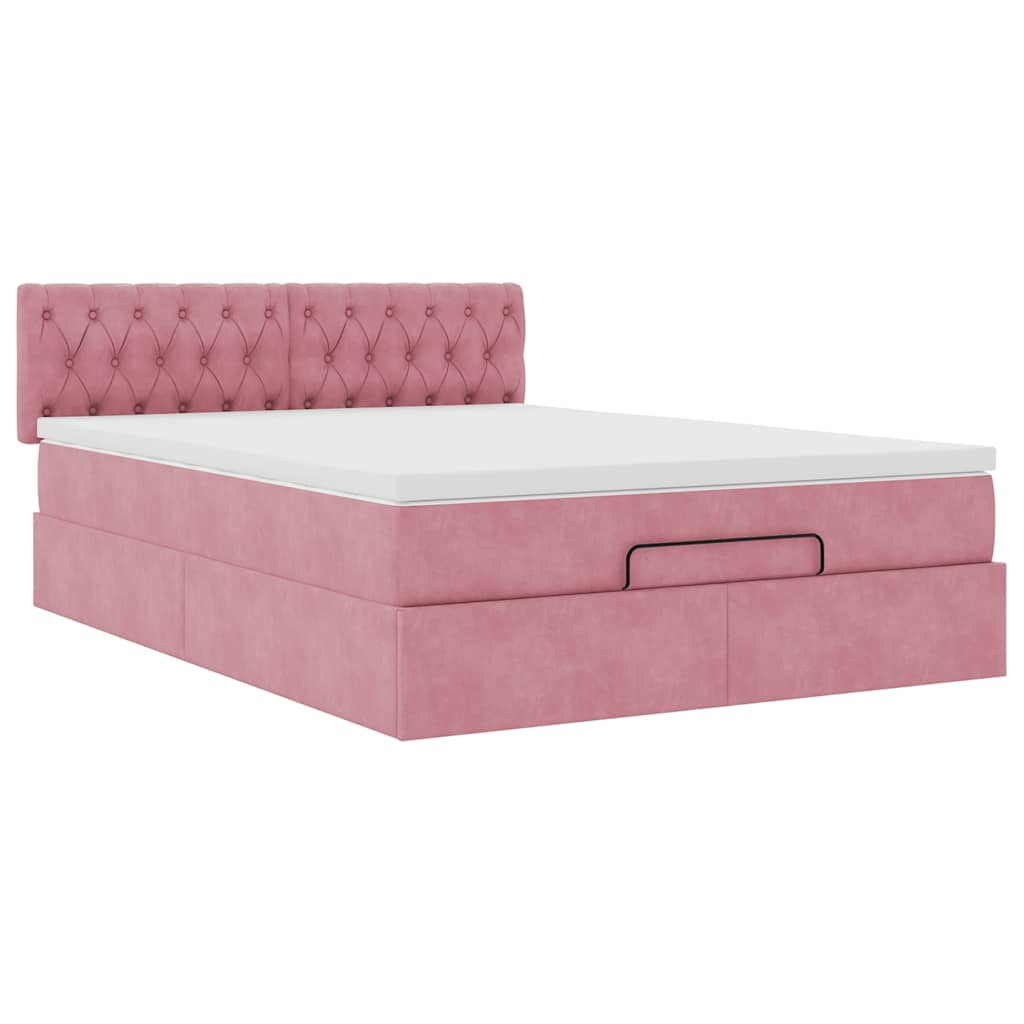 Struttura Letto Pouf con Materasso Rosa 140x200 cm in Velluto