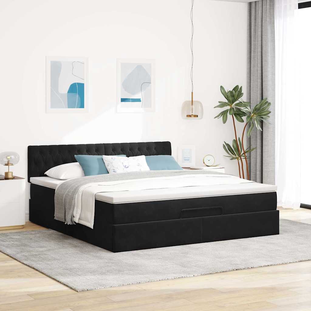 Struttura Letto Pouf con Materasso Nero 160x200 cm in Velluto