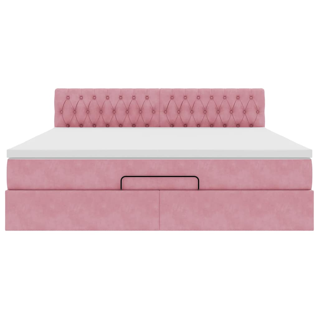 Struttura Letto Pouf con Materasso Rosa 160x200 cm in Velluto