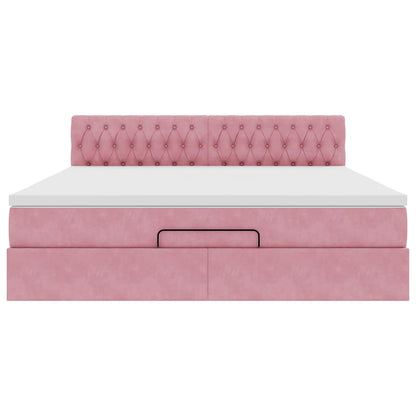 Struttura Letto Pouf con Materasso Rosa 160x200 cm in Velluto