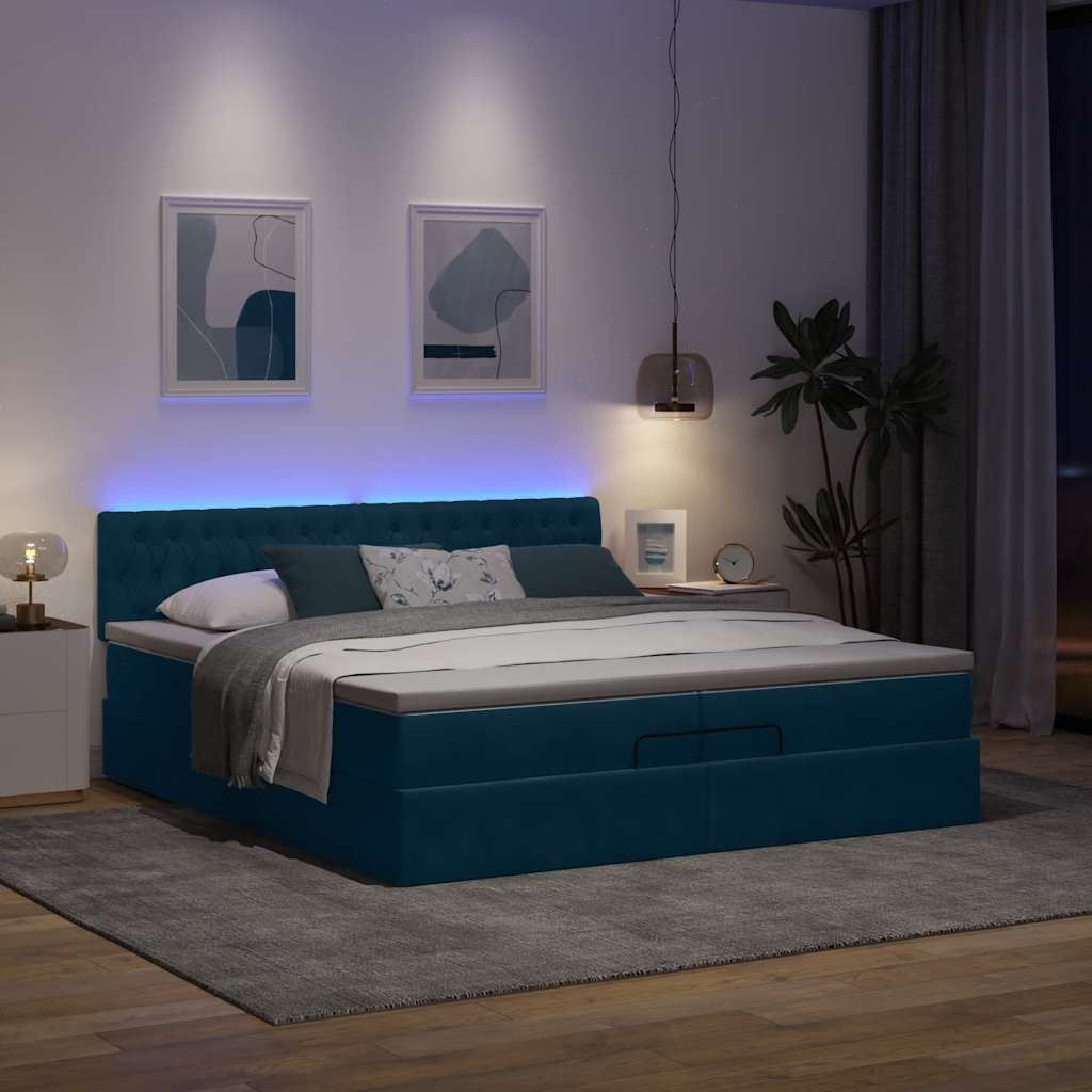 Pouf Letto con Materassi e LED Blu Scuro 200x200cm Velluto | homemem39