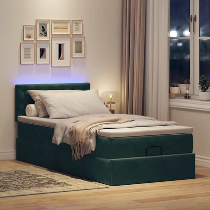 Pouf Letto con Materasso e LED Verde Scuro 80x200cm in Velluto