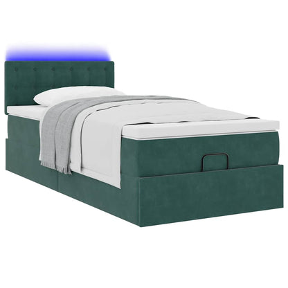 Pouf Letto con Materasso e LED Verde Scuro 80x200cm in Velluto