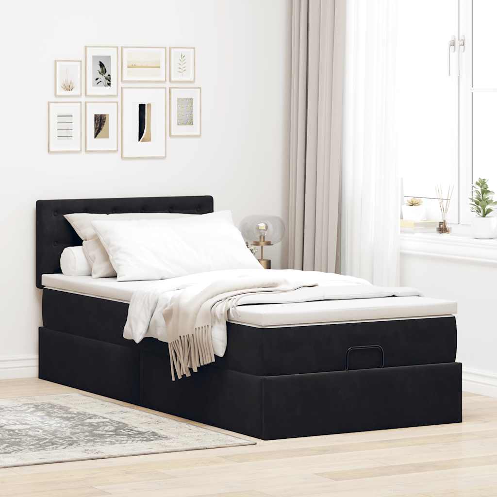 Struttura Letto Pouf con Materasso Nero 90x190 cm in Velluto