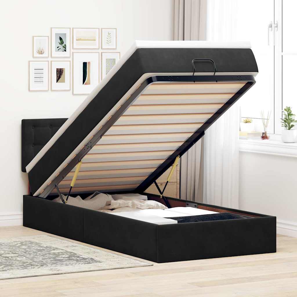 Struttura Letto Pouf con Materasso Nero 90x200 cm in Velluto