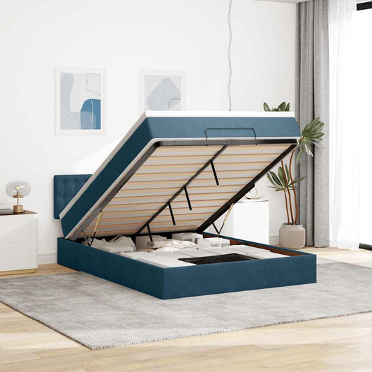 Struttura Letto Pouf con Materasso Blu 140x200cm in Velluto