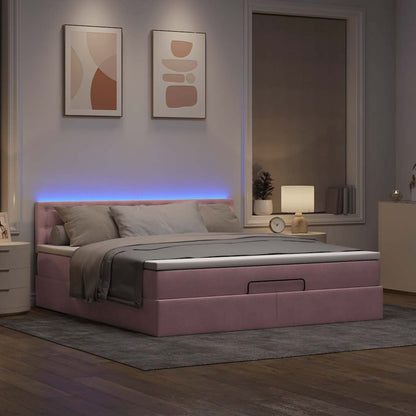 Struttura Letto Pouf con Materasso Rosa 160x200 cm in Velluto