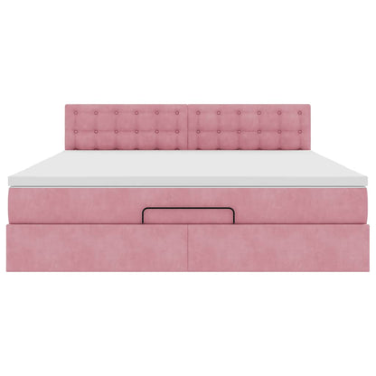 Struttura Letto Pouf con Materasso Rosa 160x200 cm in Velluto