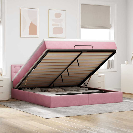 Pouf Letto con Materasso e LED Rosa 180x200cm in Velluto