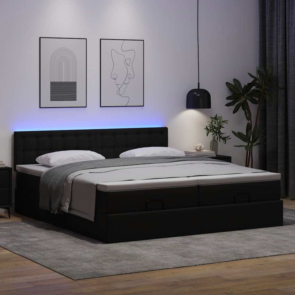 Pouf Letto con Materassi e LED Nero 160x200cm Similpelle