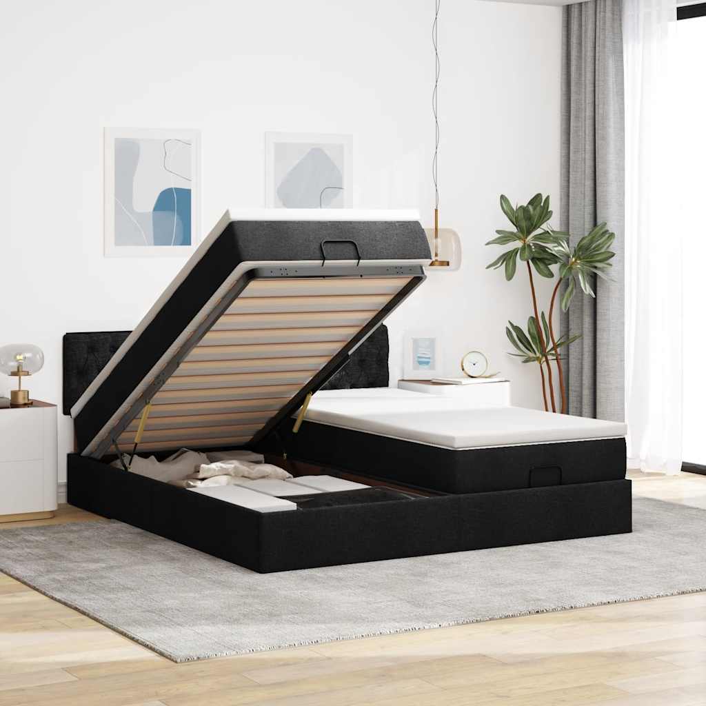 Struttura Letto Pouf con Materassi Nero 160x200 cm in Tessuto