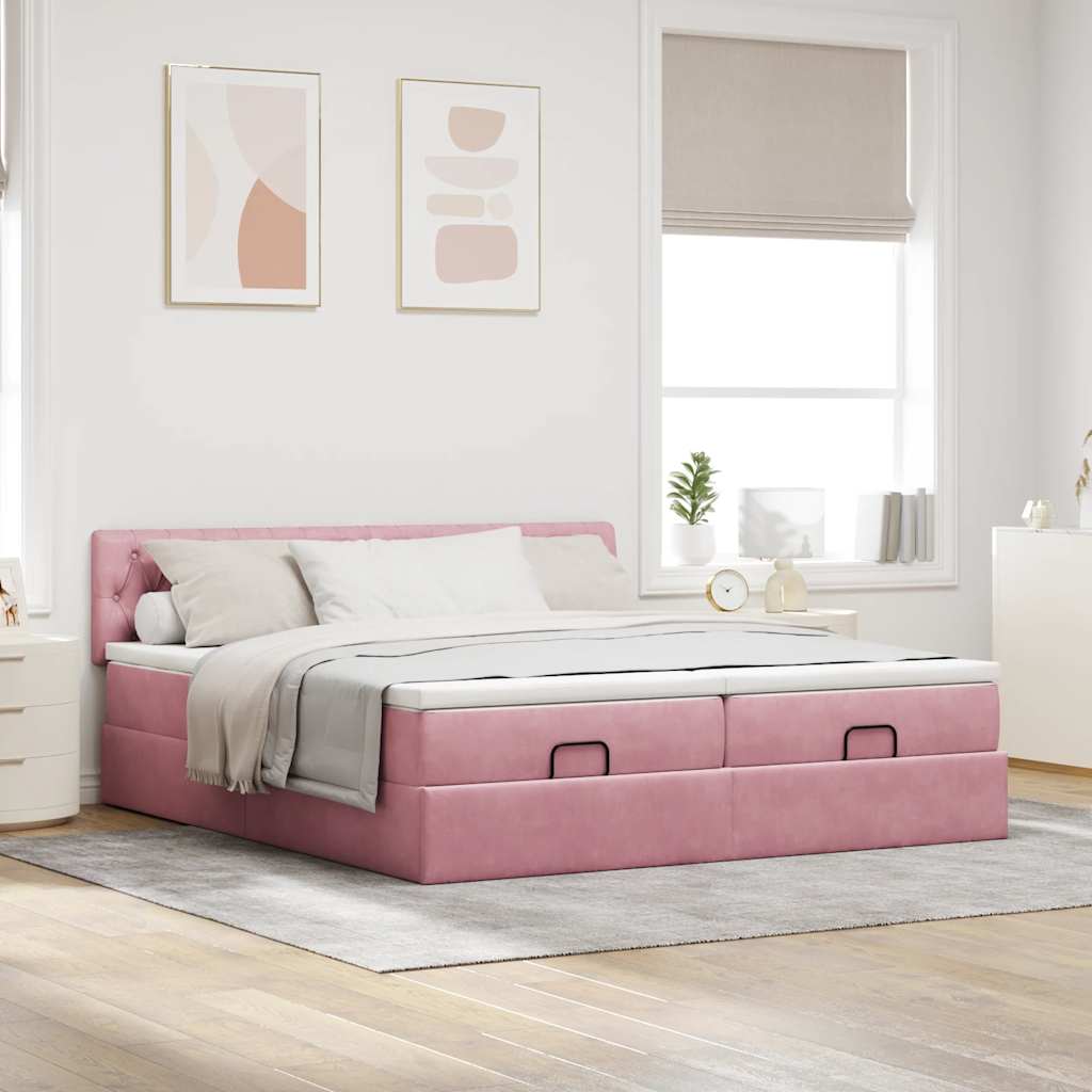 Struttura Letto Pouf con Materassi Rosa 160x200 cm Velluto